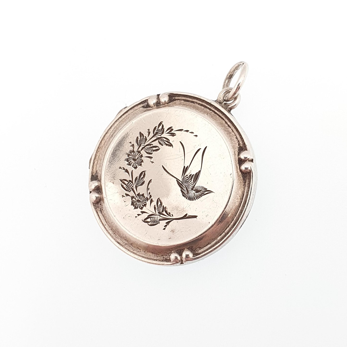 Antique Sterling Silver Bird Locket Round Circle Hand Engraved Necklace Vintage Pendant Picture Photo Jewelry Jewellery
