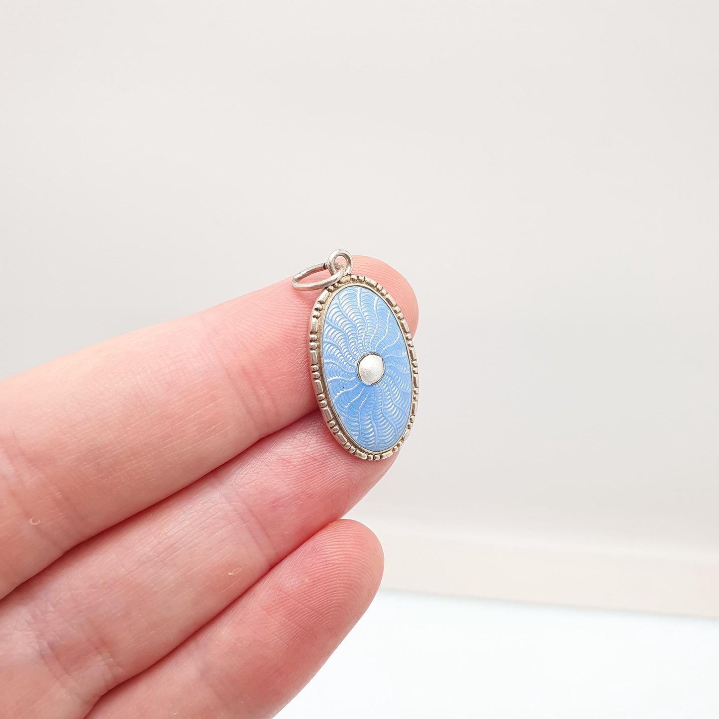 Antique Solid Silver MARIUS HAMMER Enamel Necklace Pendant Oval Sky Blue Champleve Scandinavian Vintage Jewellery Jewelry