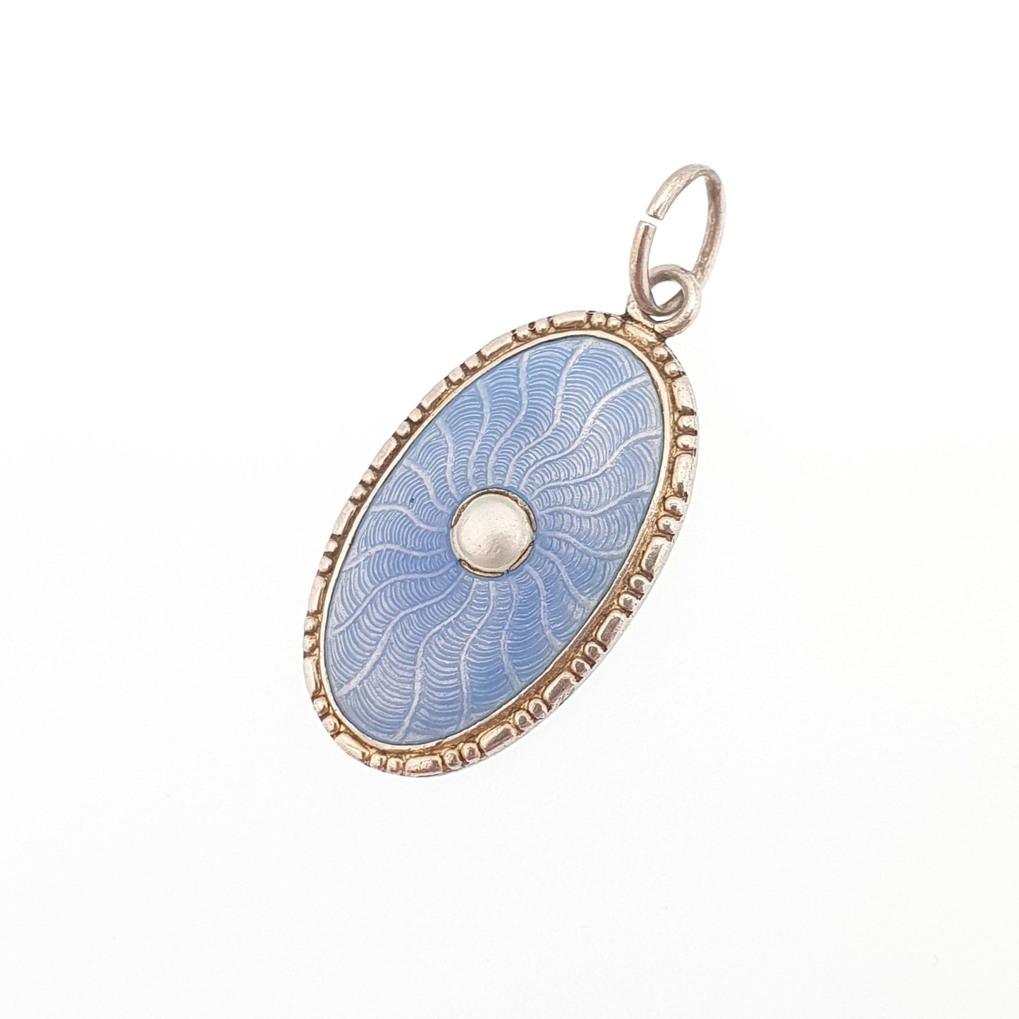 Antique Solid Silver MARIUS HAMMER Enamel Necklace Pendant Oval Sky Blue Champleve Scandinavian Vintage Jewellery Jewelry