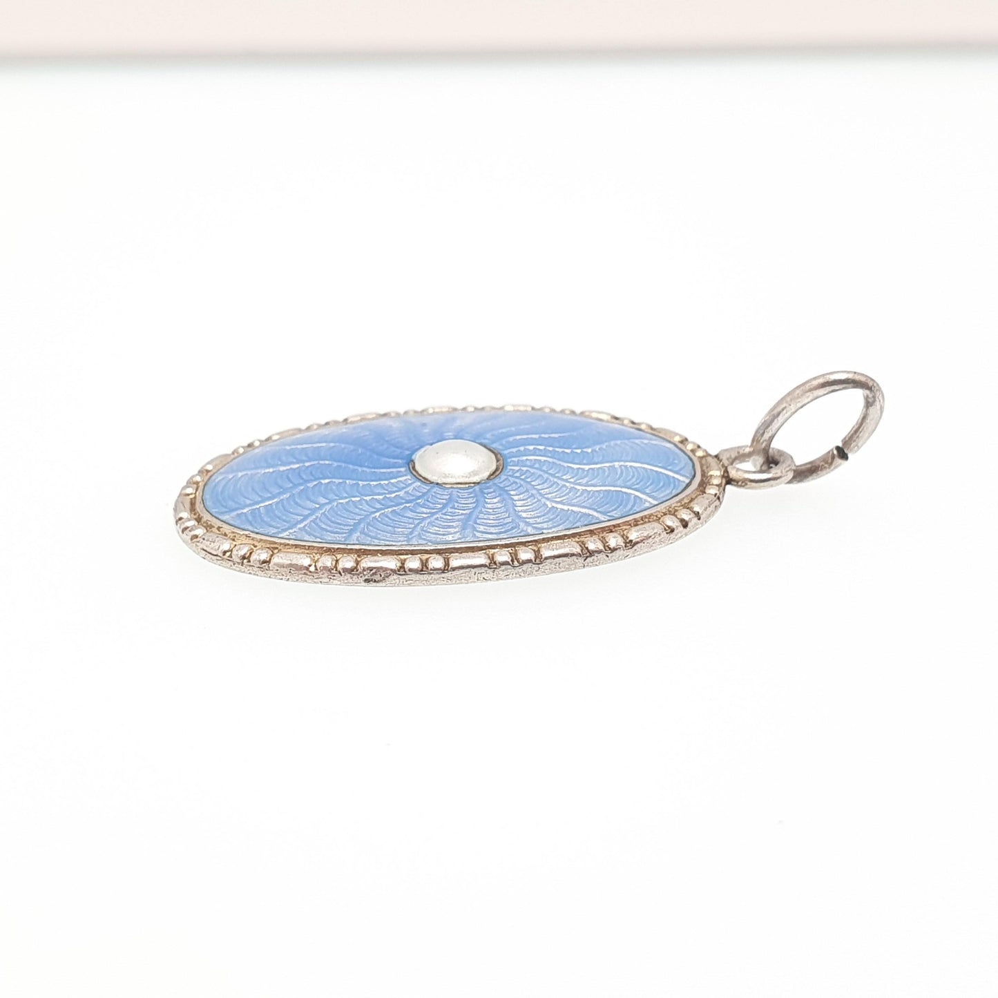 Antique Solid Silver MARIUS HAMMER Enamel Necklace Pendant Oval Sky Blue Champleve Scandinavian Vintage Jewellery Jewelry