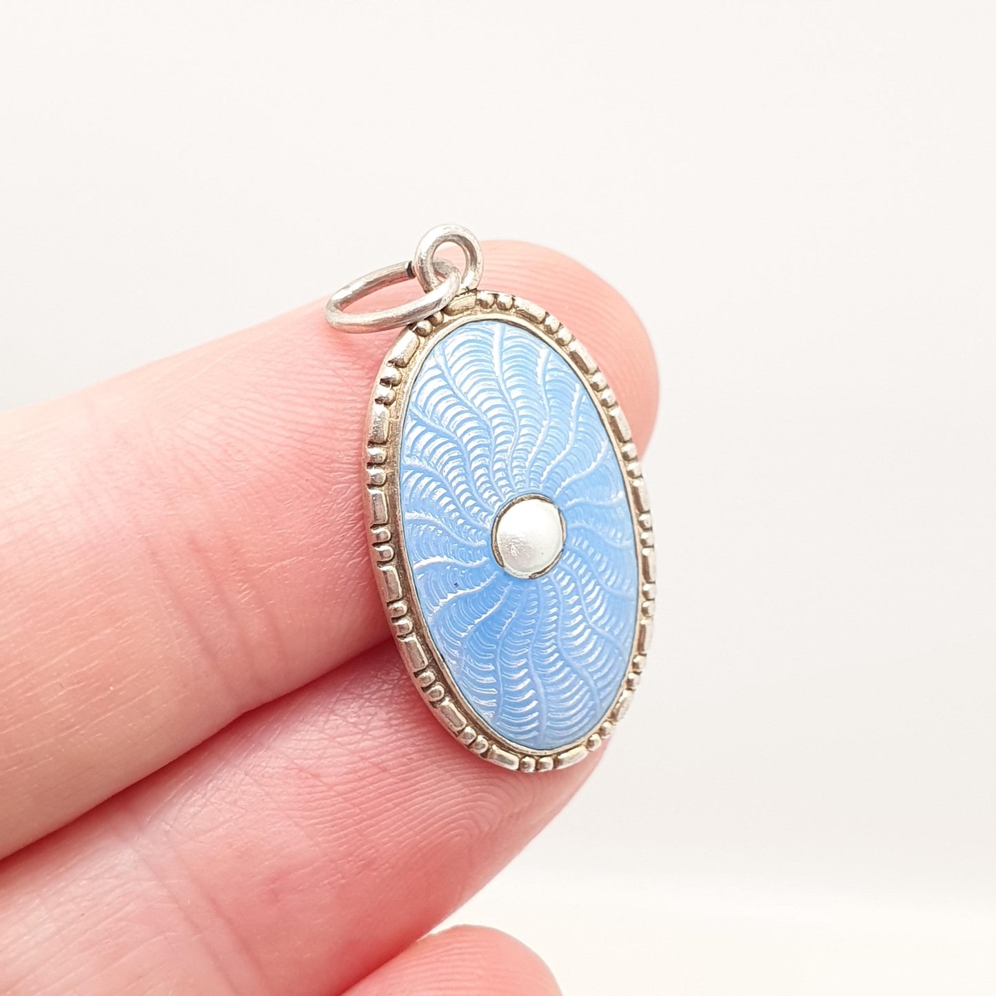 Antique Solid Silver MARIUS HAMMER Enamel Necklace Pendant Oval Sky Blue Champleve Scandinavian Vintage Jewellery Jewelry