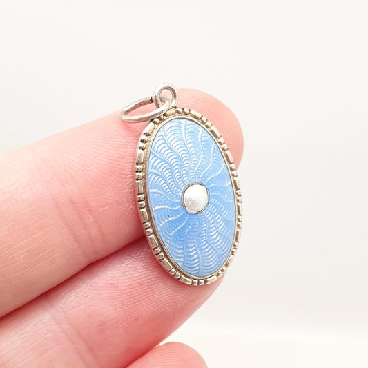 Antique Solid Silver MARIUS HAMMER Enamel Necklace Pendant Oval Sky Blue Champleve Scandinavian Vintage Jewellery Jewelry