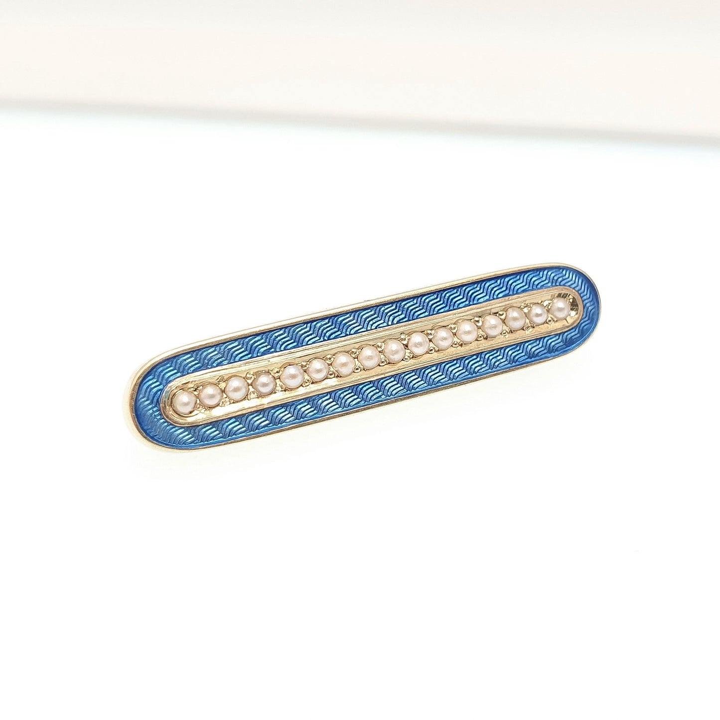 Antique 14k Gold Scandinavian Enamel Brooch Seed Pearl Sky Blue Champleve Solid 14kt Womens Vintage Jewelry Jewellery