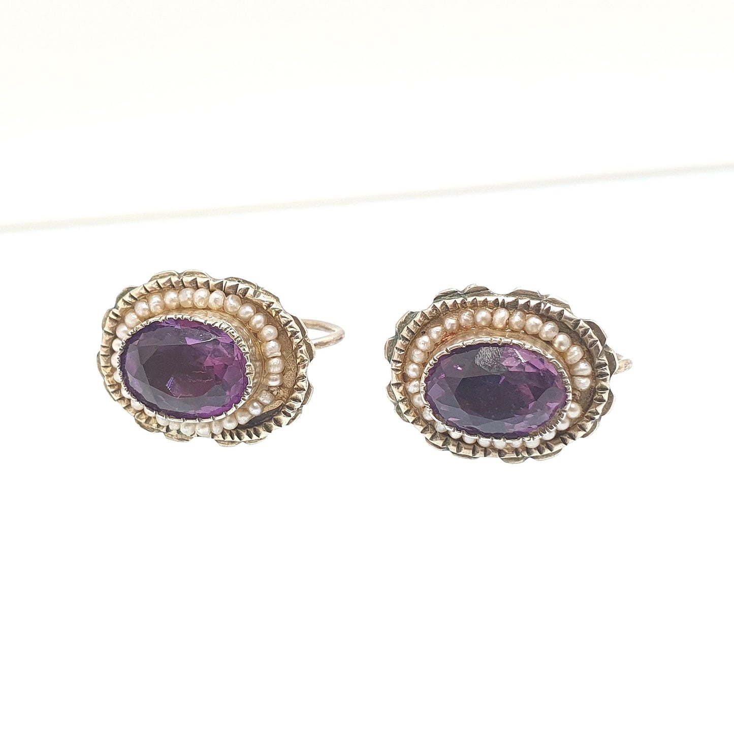 Antique Solid Silver Natural Amethyst Earrings Seed Pearl Border Gold Vermeil Genuine Gemstone Quartz Vintage Jewelry