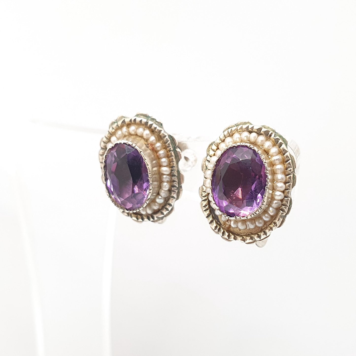 Antique Solid Silver Natural Amethyst Earrings Seed Pearl Border Gold Vermeil Genuine Gemstone Quartz Vintage Jewelry