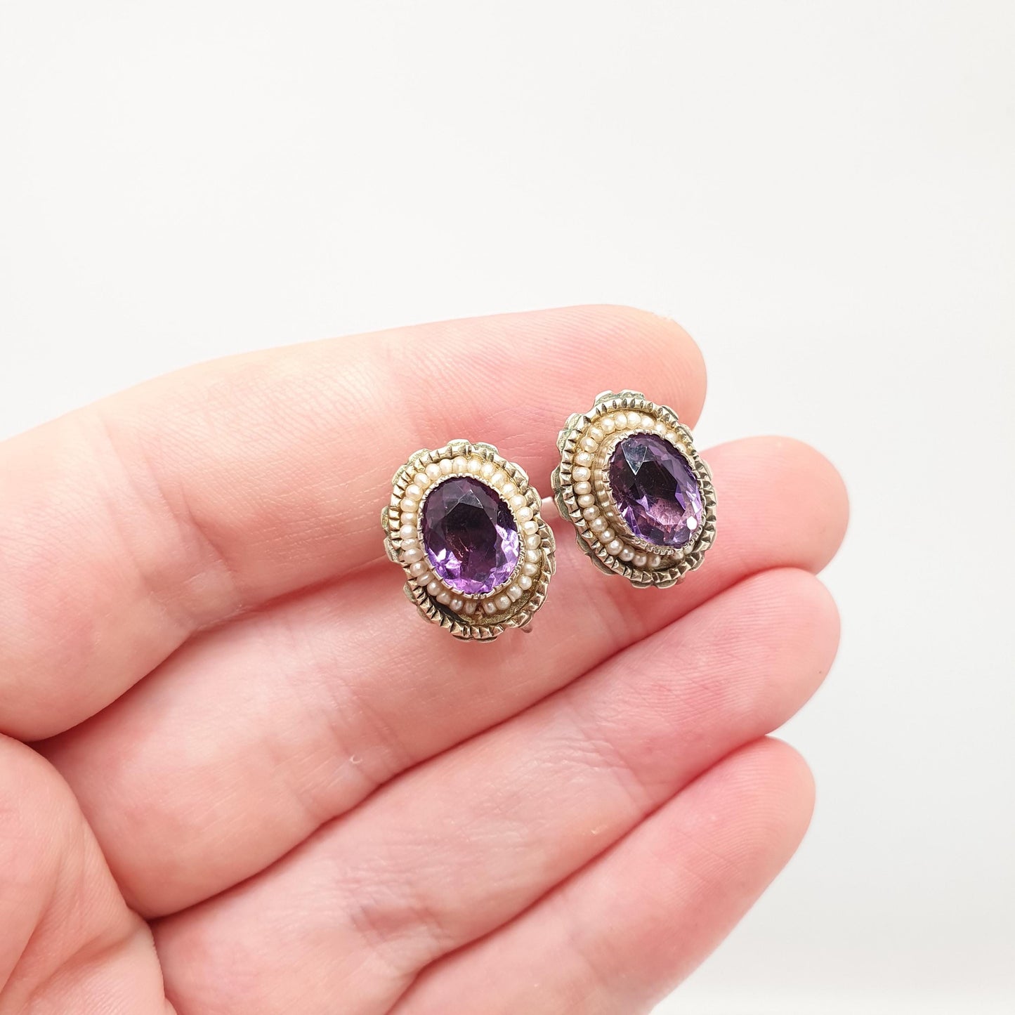 Antique Solid Silver Natural Amethyst Earrings Seed Pearl Border Gold Vermeil Genuine Gemstone Quartz Vintage Jewelry