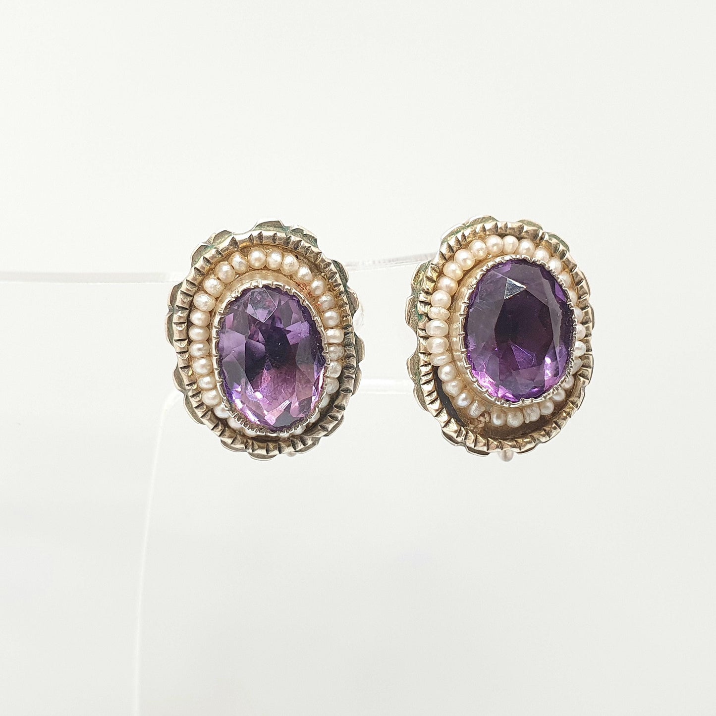 Antique Solid Silver Natural Amethyst Earrings Seed Pearl Border Gold Vermeil Genuine Gemstone Quartz Vintage Jewelry
