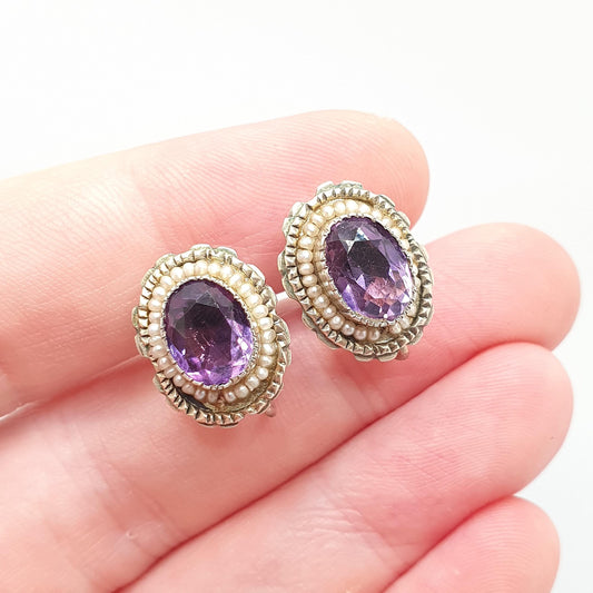 Antique Solid Silver Natural Amethyst Earrings Seed Pearl Border Gold Vermeil Genuine Gemstone Quartz Vintage Jewelry