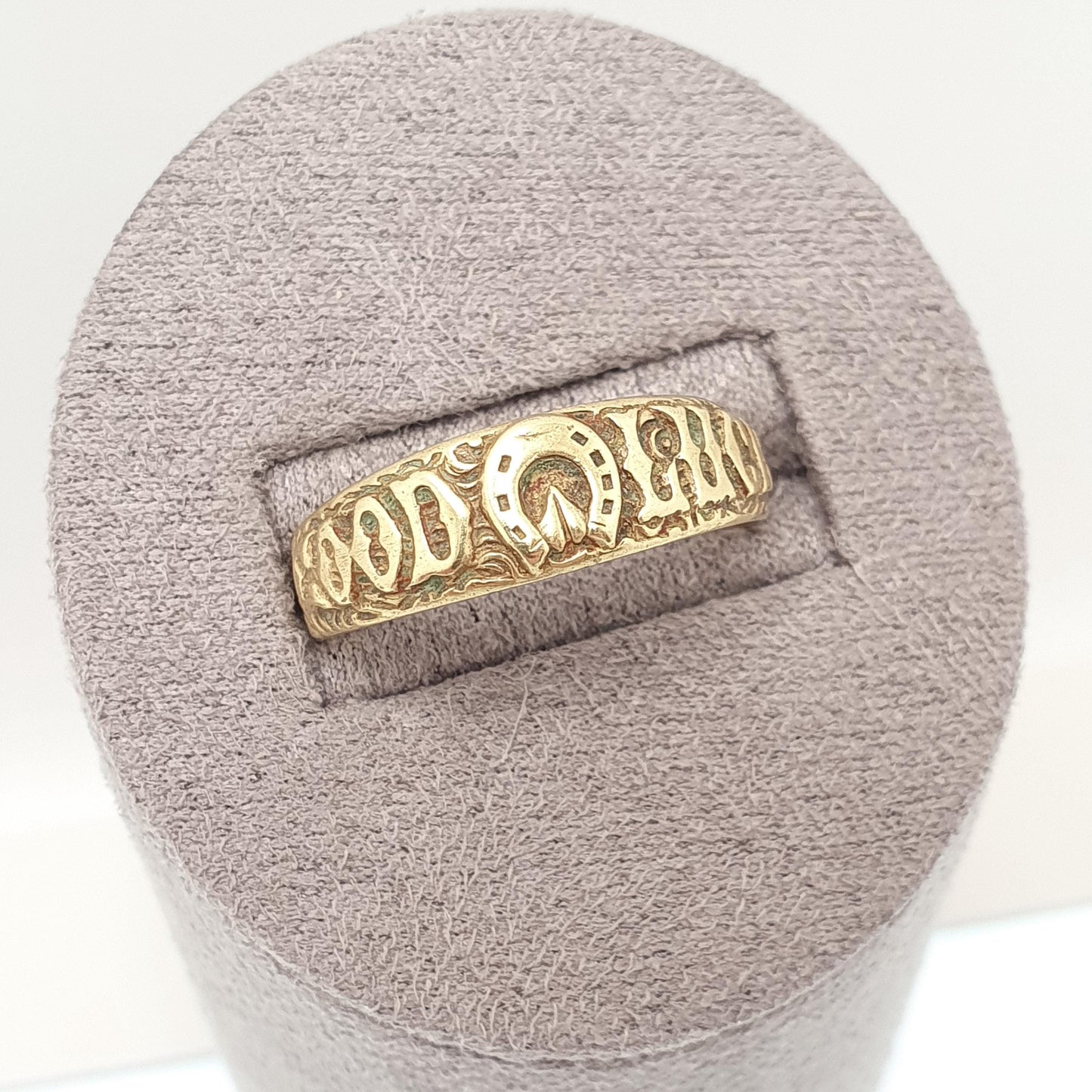 Antique Victorian Genuine Pinchbeck GOOD LUCK Ring Horseshoe Lucky Band Gold Tone Mens Vintage Rare Jewelry Jewellery