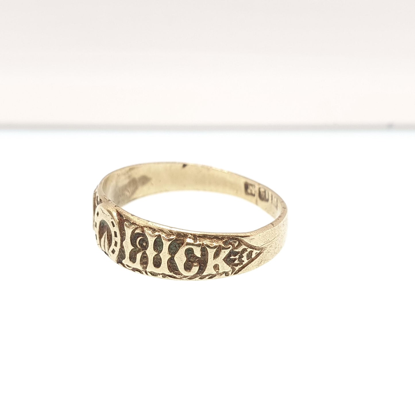 Antique Victorian Genuine Pinchbeck GOOD LUCK Ring Horseshoe Lucky Band Gold Tone Mens Vintage Rare Jewelry Jewellery