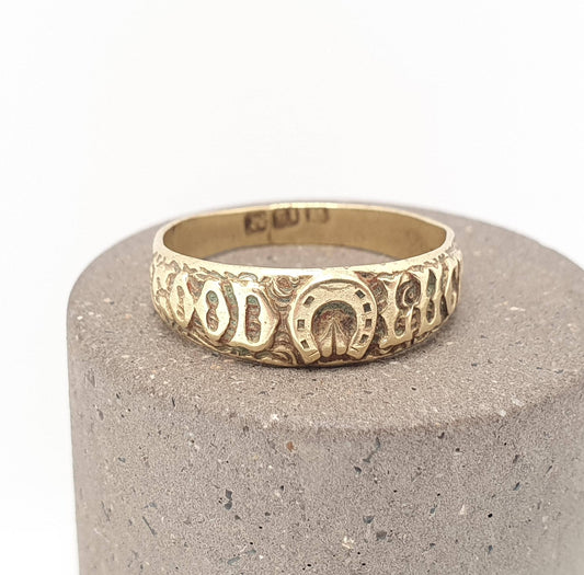 Antique Victorian Genuine Pinchbeck GOOD LUCK Ring Horseshoe Lucky Band Gold Tone Mens Vintage Rare Jewelry Jewellery