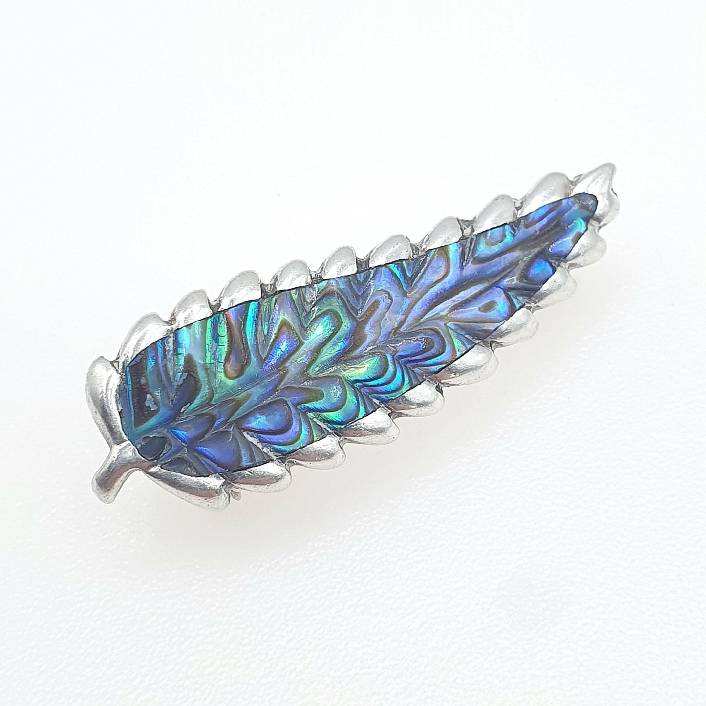 RESERVED/SOLD DON Old Vintage Sterling Silver Fern Brooch New Zealand Abalone Shell Maori Rainbow Leaf Blue Green