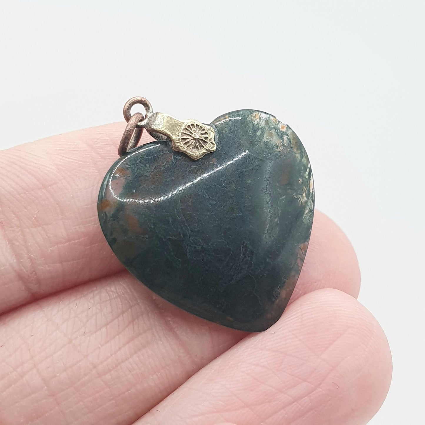 Antique Art Deco Moss Agate Heart Pendant Veined Quartz Gemstone Women’s Mens Unisex Vintage Jewellery Necklace Jewelry