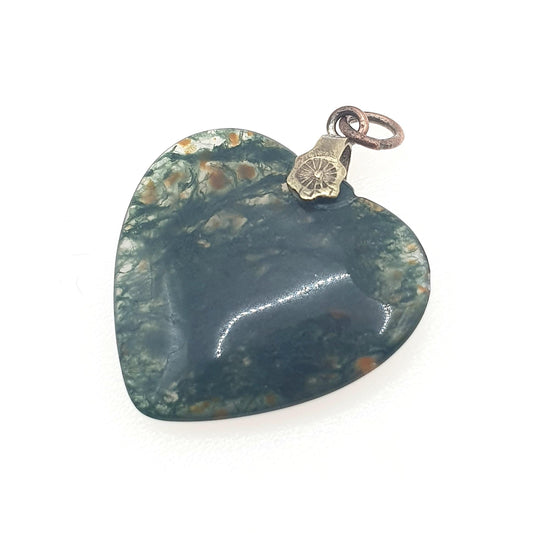 Antique Art Deco Moss Agate Heart Pendant Veined Quartz Gemstone Women’s Mens Unisex Vintage Jewellery Necklace Jewelry