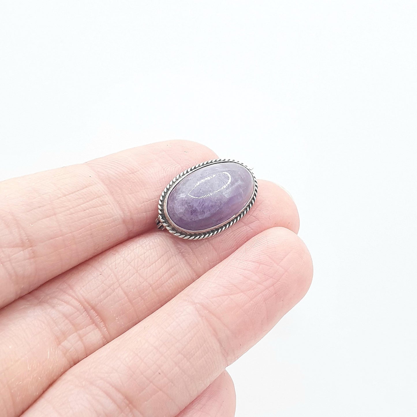Antique Sterling Silver Natural Amethyst Brooch Cabochon Gemstone Lilac Purple Quartz Womens Jewelry Jewellery