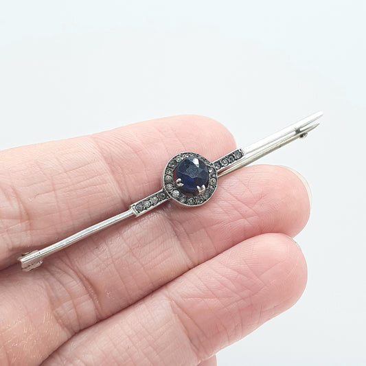 Antique Art Deco Solid Silver Sapphire Paste Brooch Diamond Pastes Dark Blue Bar Pin Women’s 1920s Jewelry Jewellery Retro