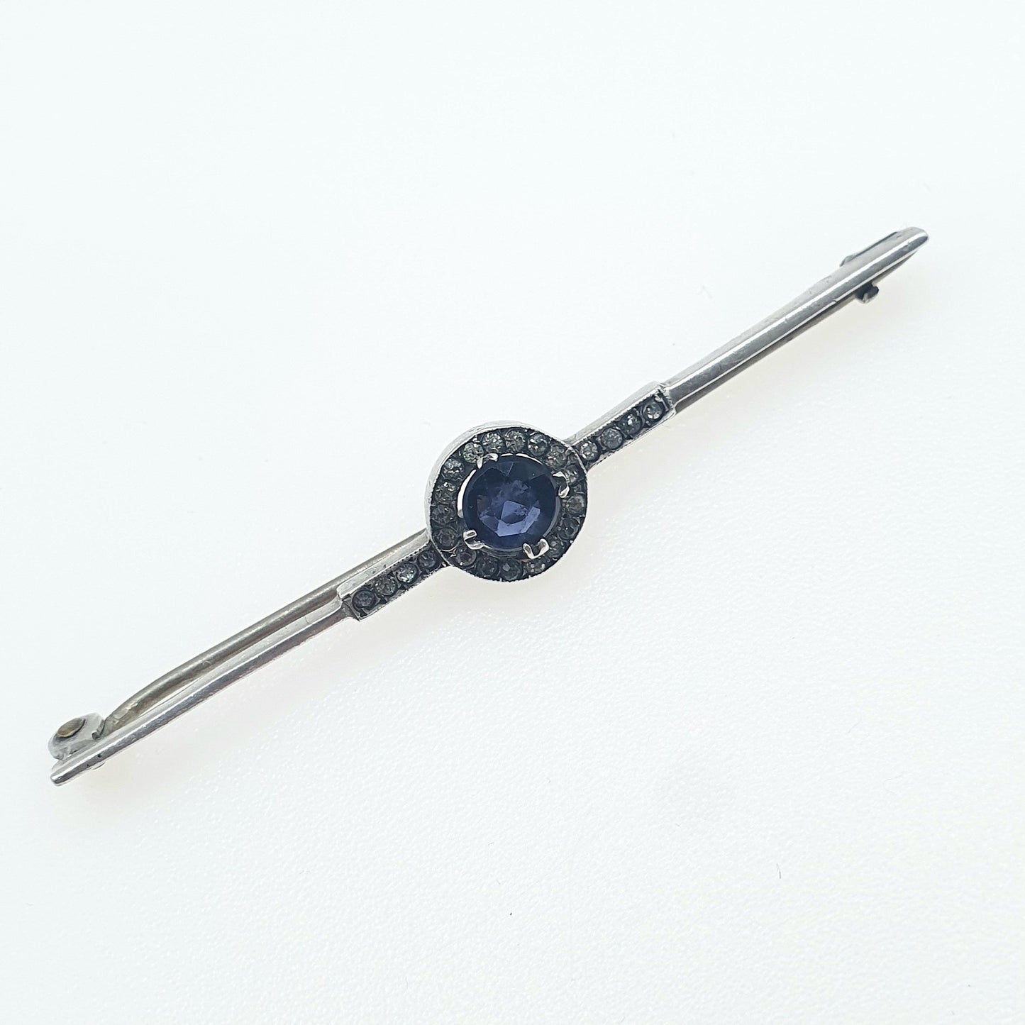 Antique Art Deco Solid Silver Sapphire Paste Brooch Diamond Pastes Dark Blue Bar Pin Women’s 1920s Jewelry Jewellery Retro