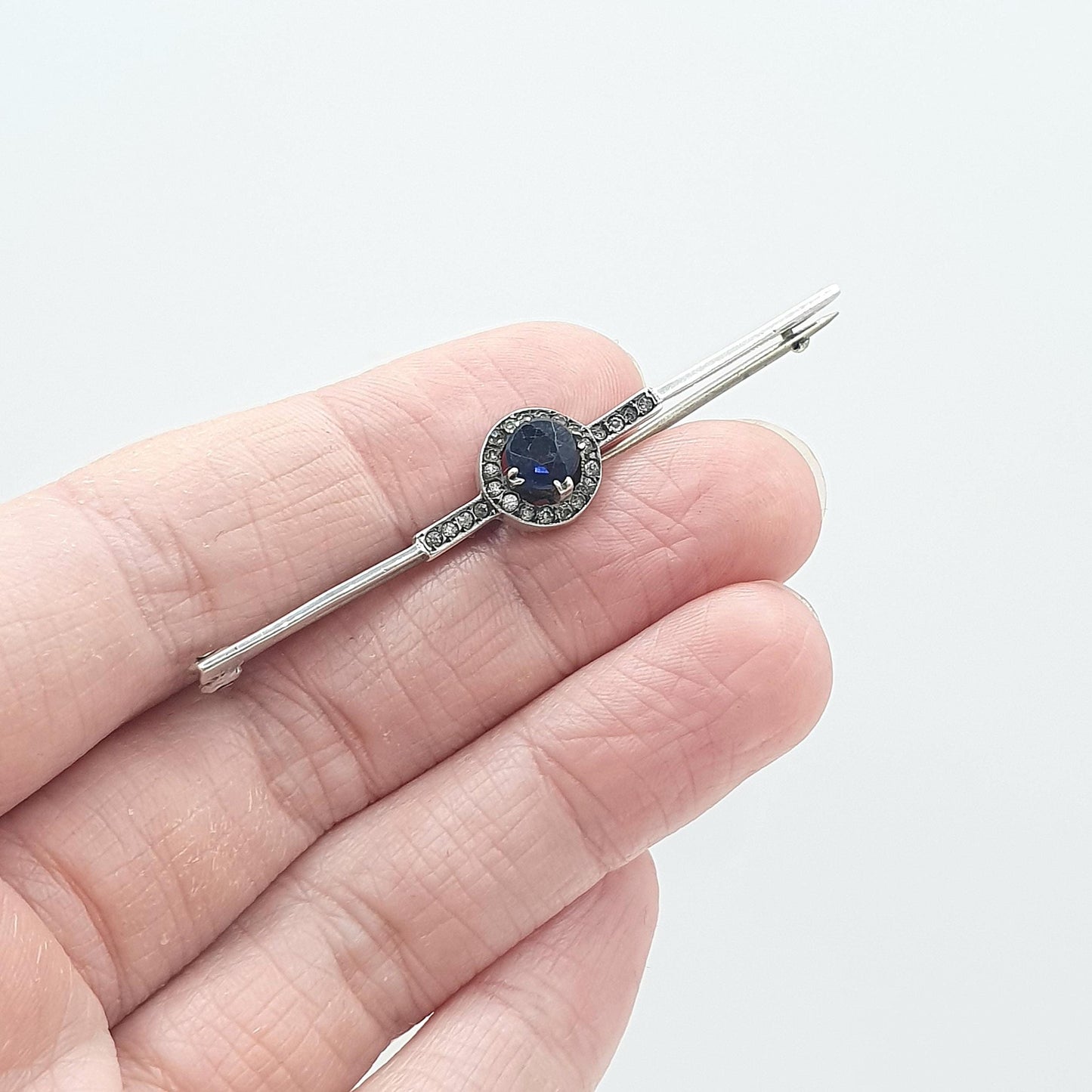 Antique Art Deco Solid Silver Sapphire Paste Brooch Diamond Pastes Dark Blue Bar Pin Women’s 1920s Jewelry Jewellery Retro