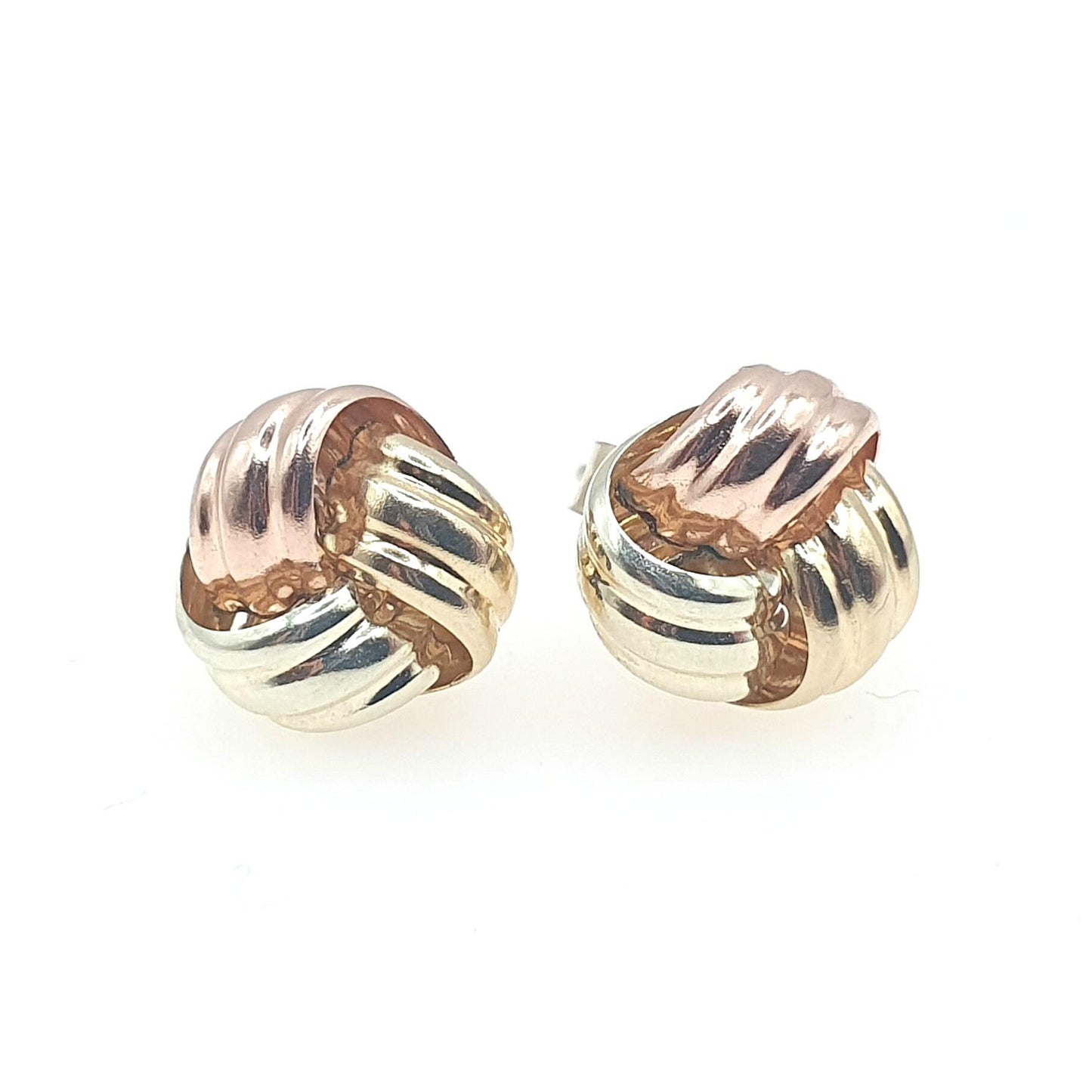 Vintage 9ct Tri Colour Gold Knot Stud Earrings Three Tone Gold Retro Twisted Woven Rose Yellow White Gift Womens Jewelry Jewellery
