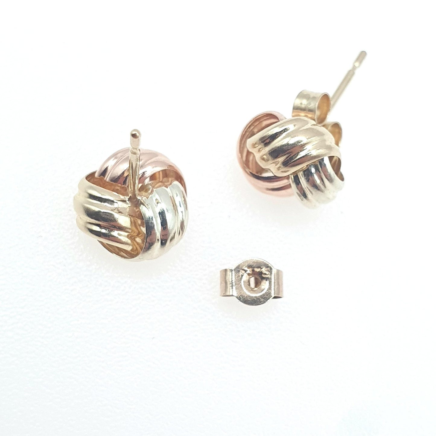 Vintage 9ct Tri Colour Gold Knot Stud Earrings Three Tone Gold Retro Twisted Woven Rose Yellow White Gift Womens Jewelry Jewellery