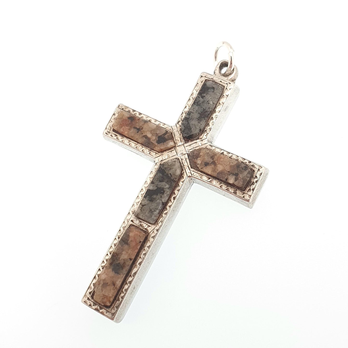 Antique Victorian Solid Silver Aberdeenshire Granite Cross Necklace Pendant Scottish Crucifix Big Large Vintage Jewelry Jewellery