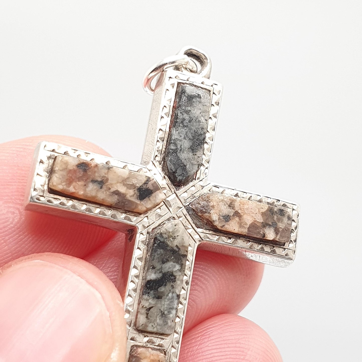 Antique Victorian Solid Silver Aberdeenshire Granite Cross Necklace Pendant Scottish Crucifix Big Large Vintage Jewelry Jewellery