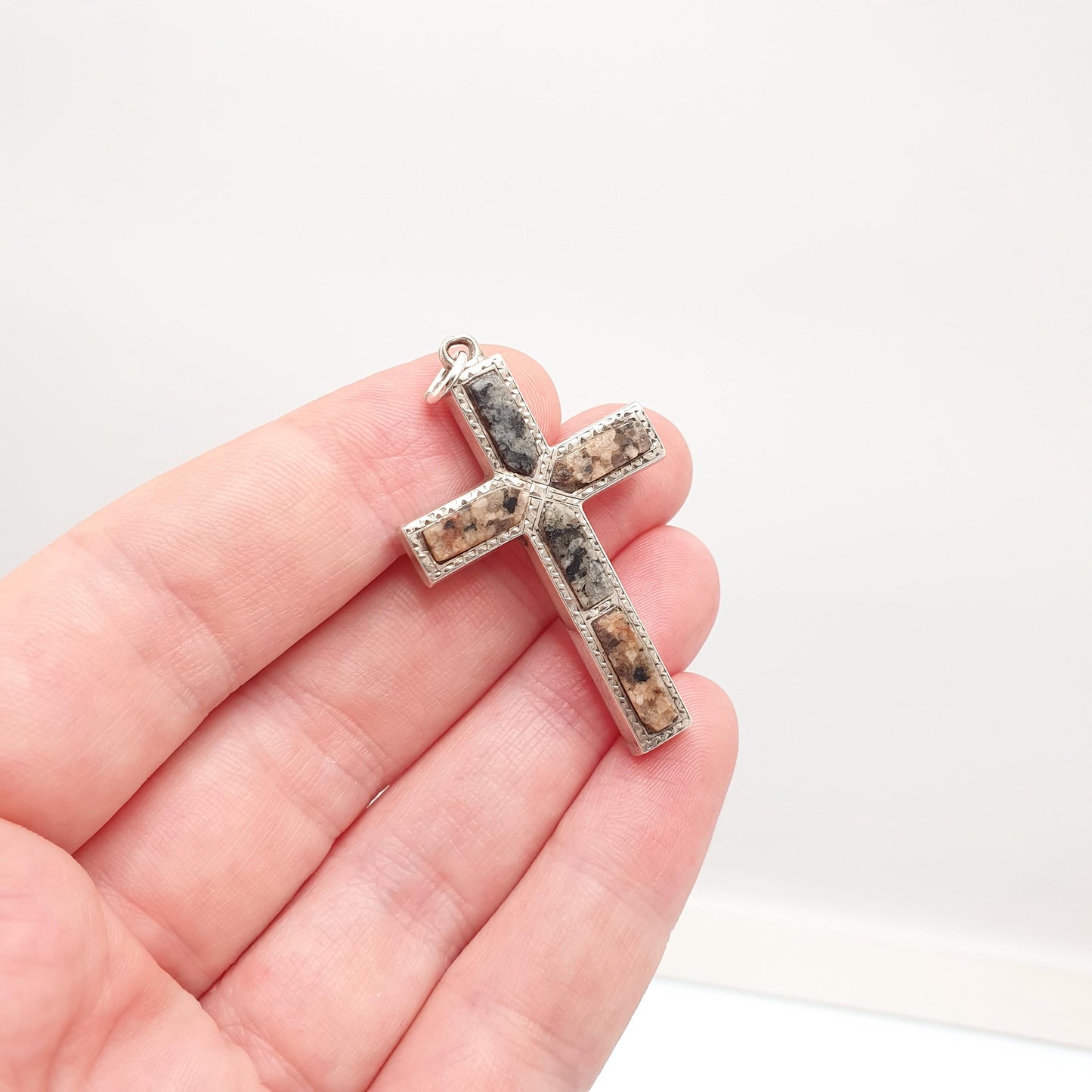 Antique Victorian Solid Silver Aberdeenshire Granite Cross Necklace Pendant Scottish Crucifix Big Large Vintage Jewelry Jewellery