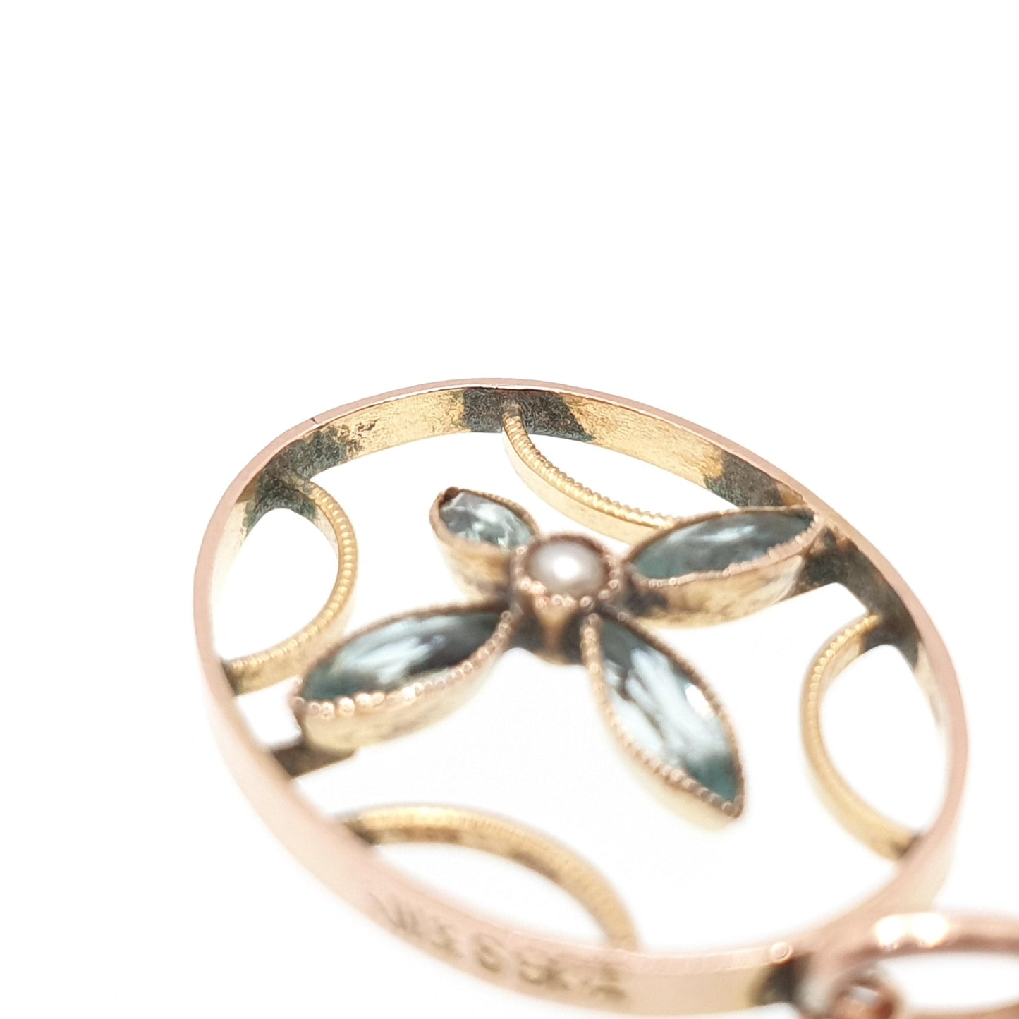 Antique 9ct Gold Aquamarine Paste Necklace Pendant Solid 375 9k Seed Pearl Art Nouveau Vintage Womens Jewelry Jewellery