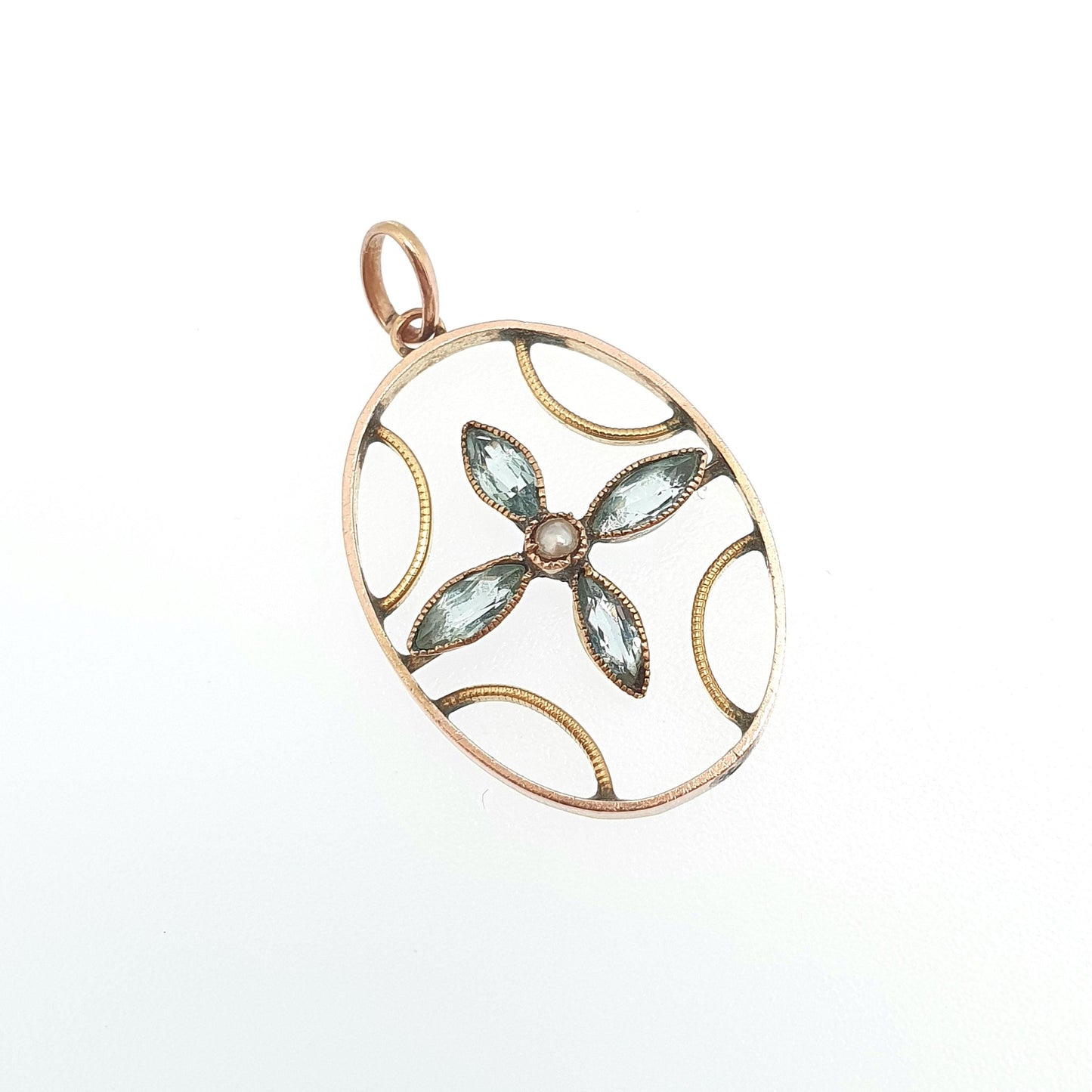 Antique 9ct Gold Aquamarine Paste Necklace Pendant Solid 375 9k Seed Pearl Art Nouveau Vintage Womens Jewelry Jewellery