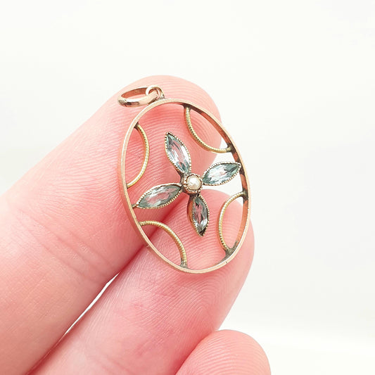 Antique 9ct Gold Aquamarine Paste Necklace Pendant Solid 375 9k Seed Pearl Art Nouveau Vintage Womens Jewelry Jewellery