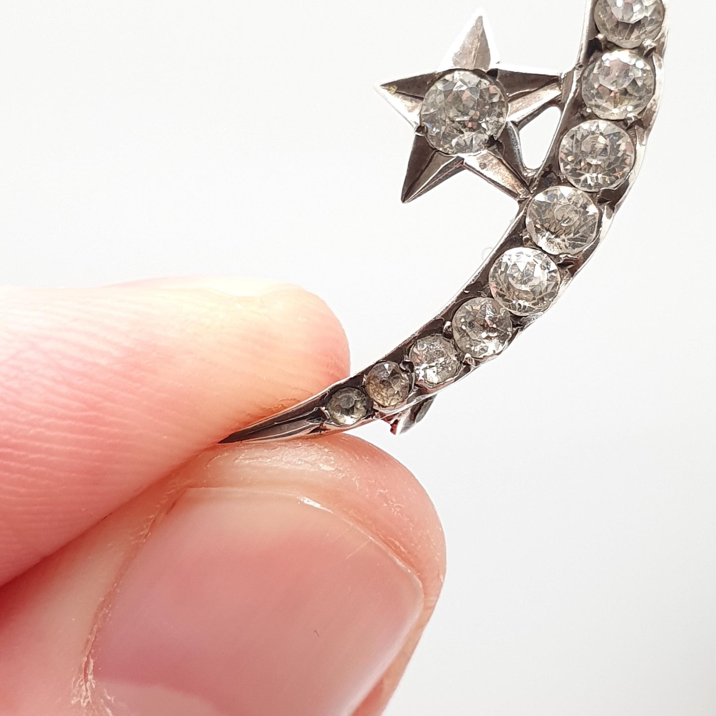 Antique Victorian Crescent Moon & Star Solid Silver Brooch Pin Diamond Paste Vintage Celestial 1800s Jewellery Jewelry