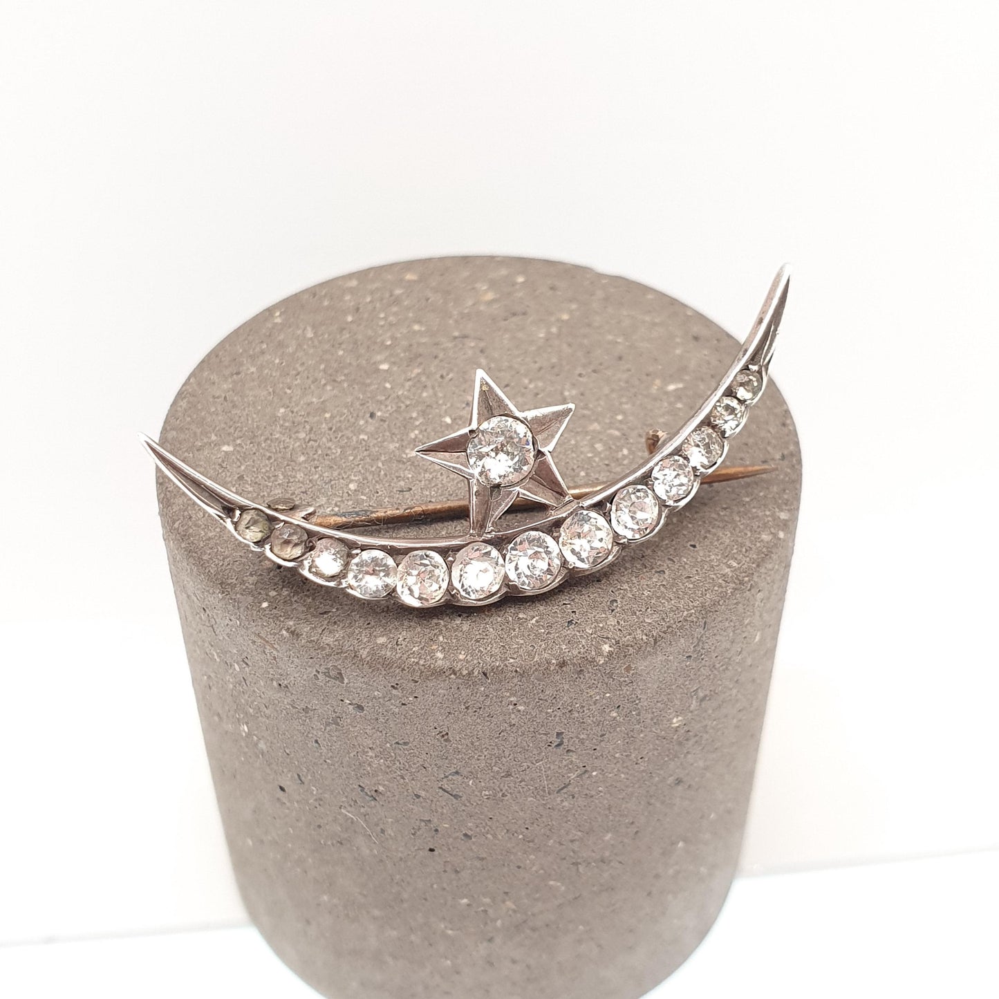 Antique Victorian Crescent Moon & Star Solid Silver Brooch Pin Diamond Paste Vintage Celestial 1800s Jewellery Jewelry