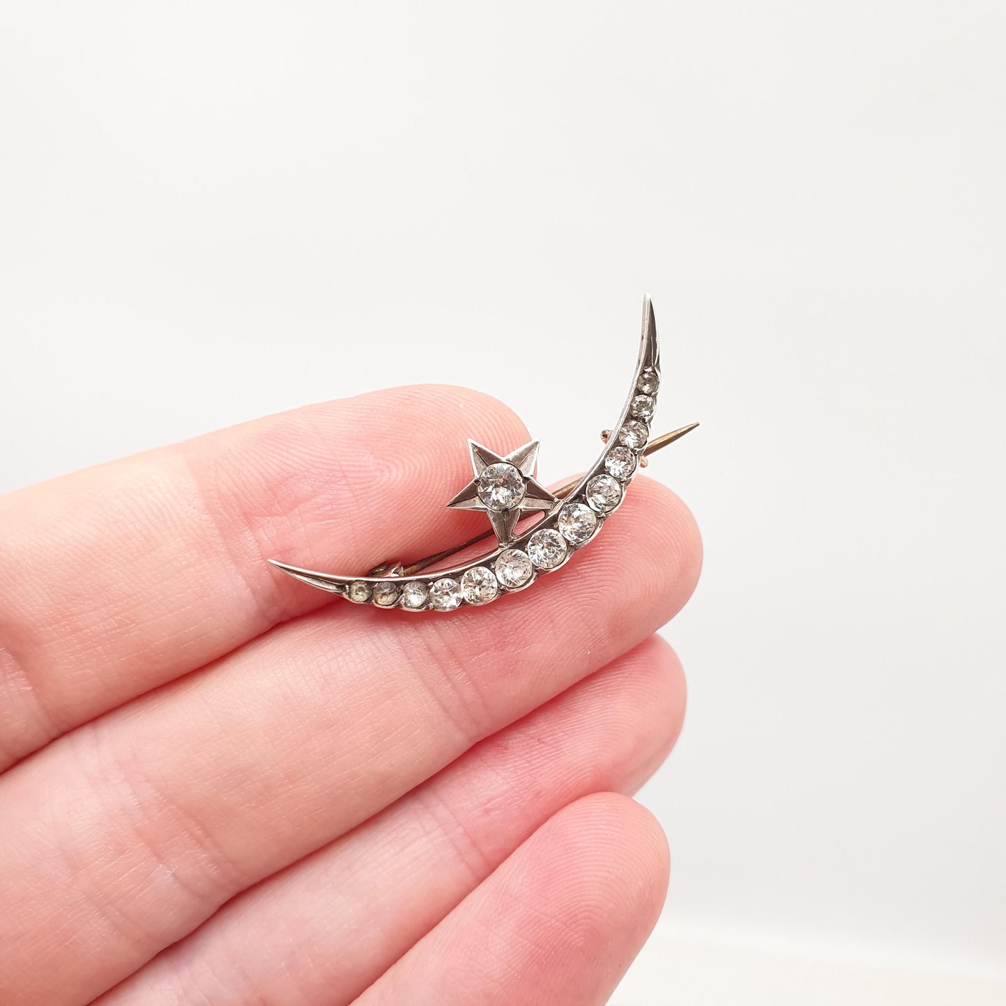 Antique Victorian Crescent Moon & Star Solid Silver Brooch Pin Diamond Paste Vintage Celestial 1800s Jewellery Jewelry