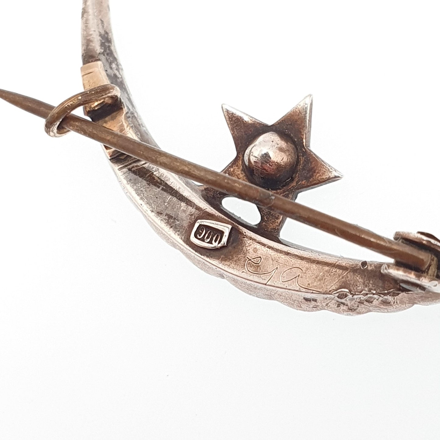 Antique Victorian Crescent Moon & Star Solid Silver Brooch Pin Diamond Paste Vintage Celestial 1800s Jewellery Jewelry