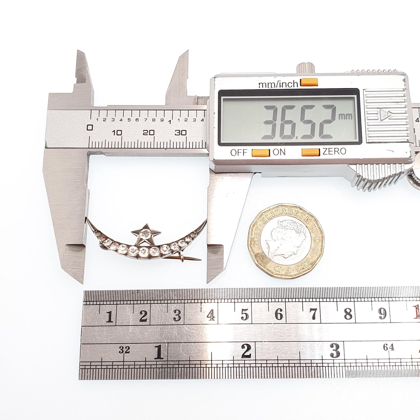 Antique Victorian Crescent Moon & Star Solid Silver Brooch Pin Diamond Paste Vintage Celestial 1800s Jewellery Jewelry