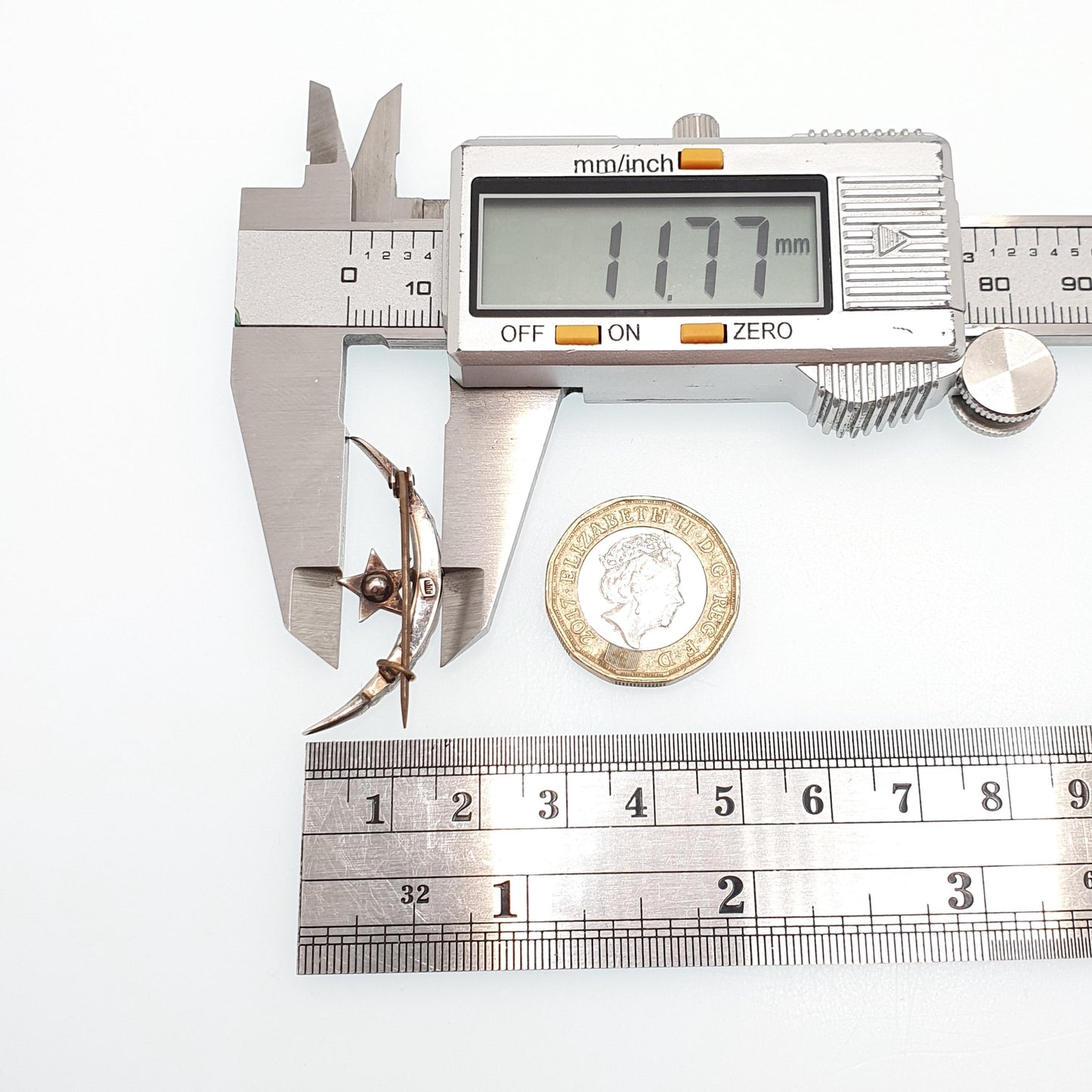 Antique Victorian Crescent Moon & Star Solid Silver Brooch Pin Diamond Paste Vintage Celestial 1800s Jewellery Jewelry