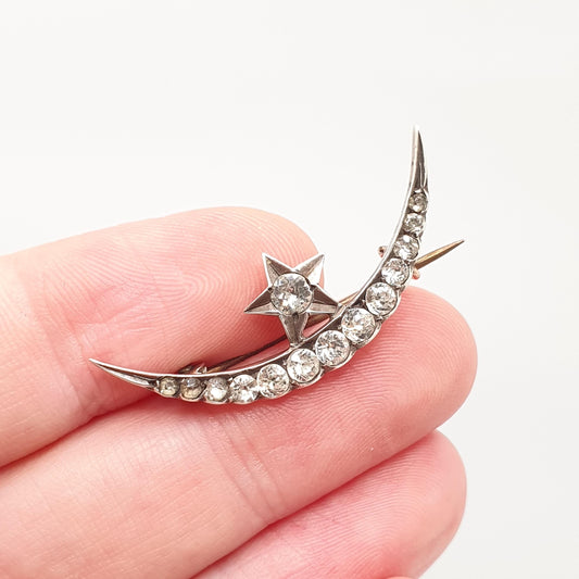 Antique Victorian Crescent Moon & Star Solid Silver Brooch Pin Diamond Paste Vintage Celestial 1800s Jewellery Jewelry