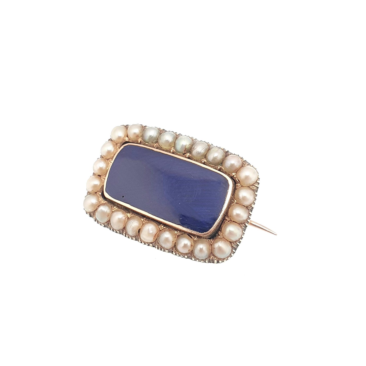 Antique Victorian 15ct Gold Blue Enamel Brooch Seed Pearl Border Solid 15 Carat 15k Genuine Vintage Womens Jewelry Jewellery