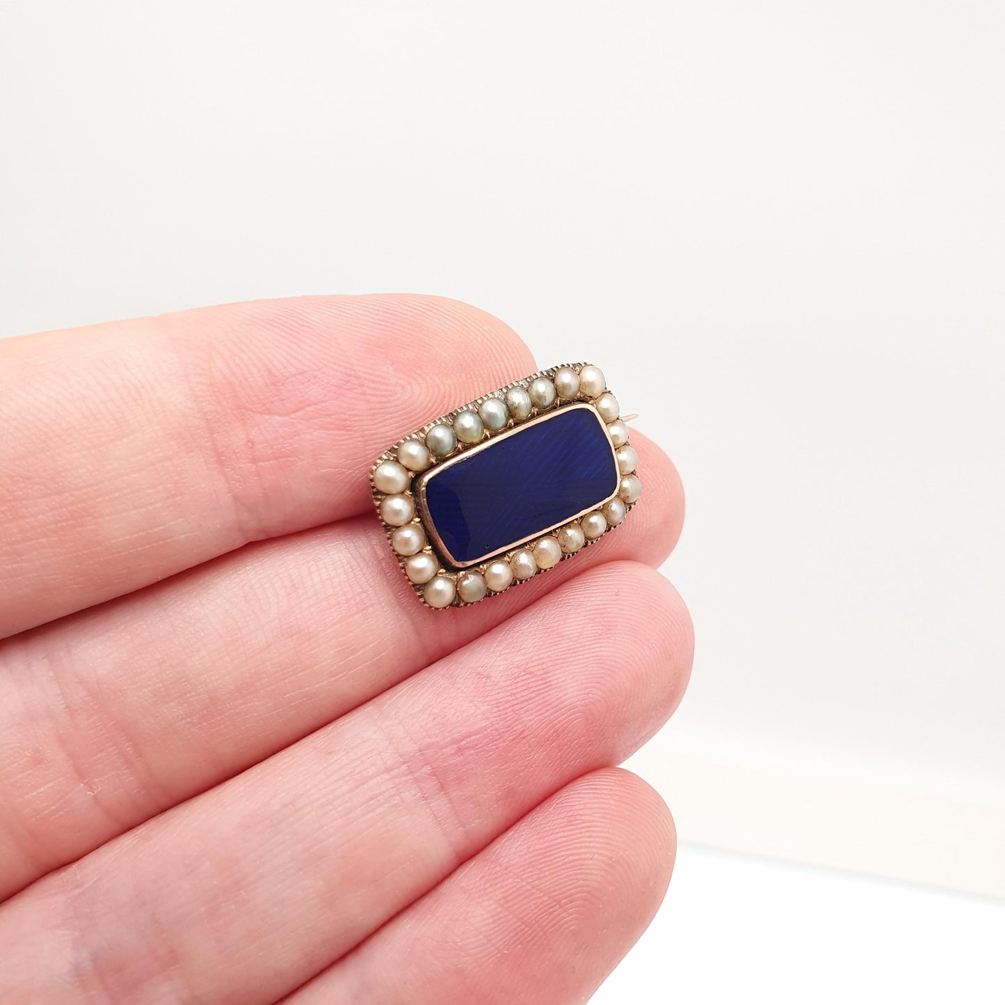 Antique Victorian 15ct Gold Blue Enamel Brooch Seed Pearl Border Solid 15 Carat 15k Genuine Vintage Womens Jewelry Jewellery