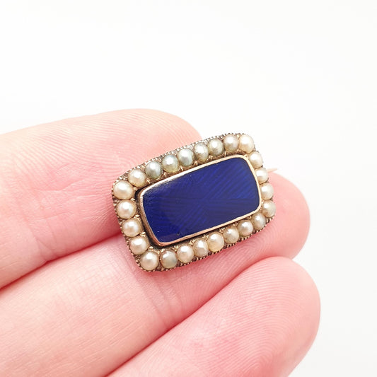 Antique Victorian 15ct Gold Blue Enamel Brooch Seed Pearl Border Solid 15 Carat 15k Genuine Vintage Womens Jewelry Jewellery