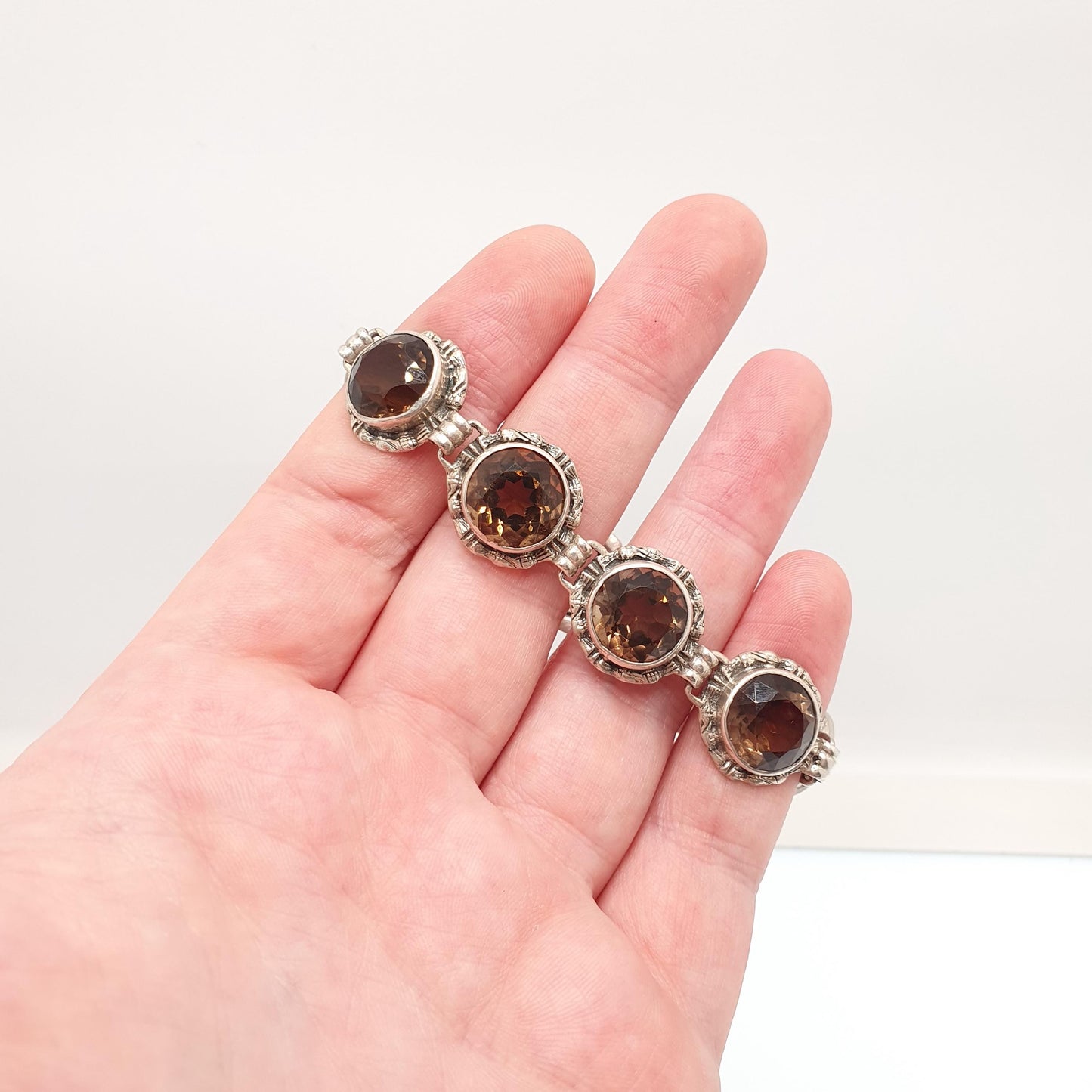Antique Smoky Quartz Sterling Silver Bracelet Scottish Cairngorm Smokey Brown Genuine Gemstone Celtic Scotland Vintage Jewelry Jewellery