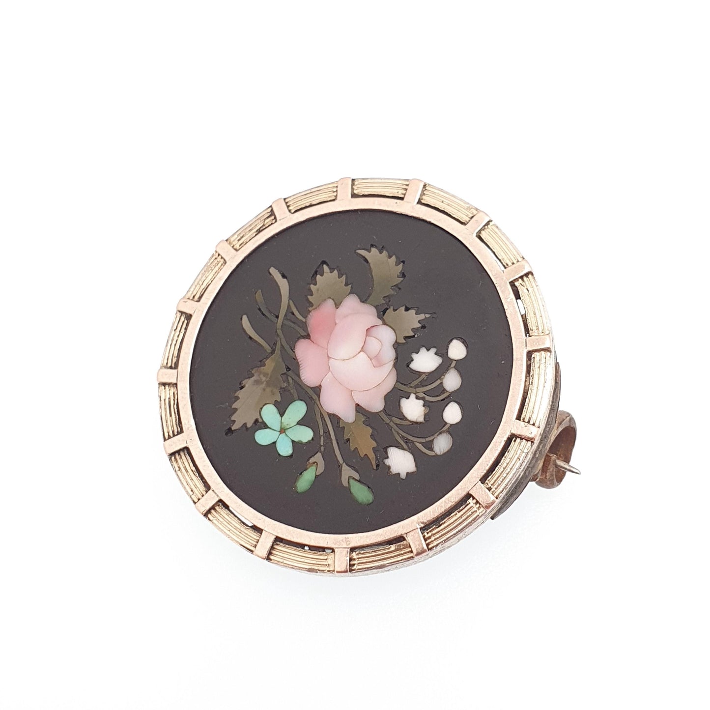 Antique Solid Silver Pietra Dura Brooch Gold Vermeil Gemstone Mosaic Italian Handmade Pin Vintage Womens Jewellery Jewelry