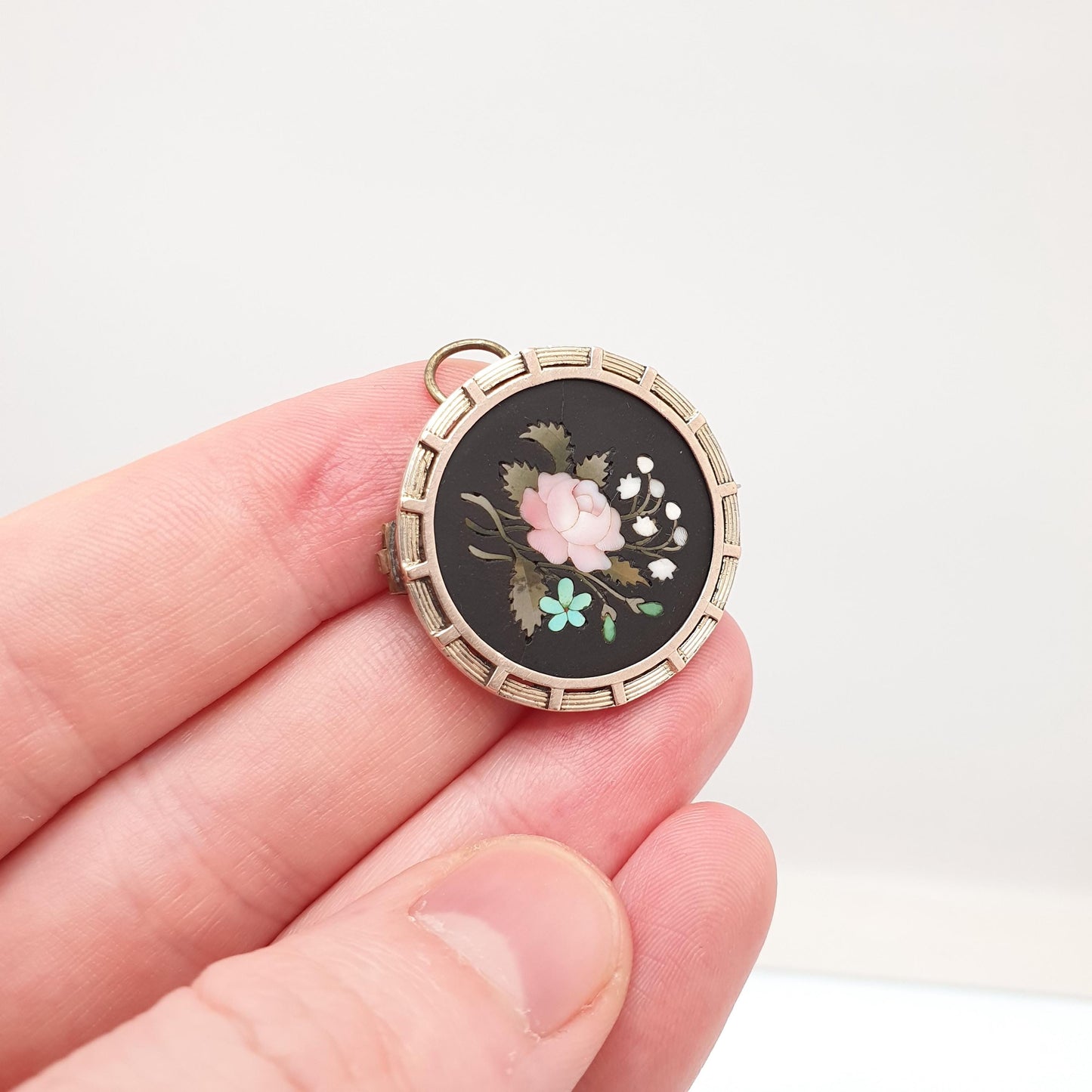 Antique Solid Silver Pietra Dura Brooch Gold Vermeil Gemstone Mosaic Italian Handmade Pin Vintage Womens Jewellery Jewelry