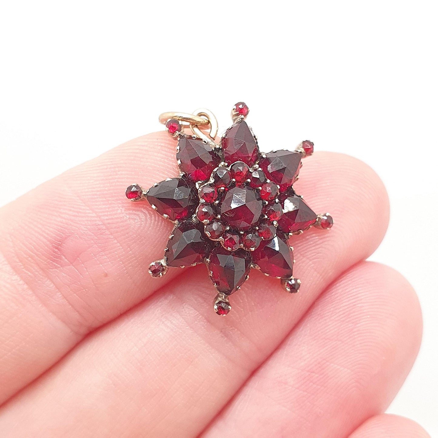 Antique Victorian Bohemian Garnet Star Pendant Necklace Rolled Gold Filled Starburst Celestial Renaissance Revival Vintage Jewelry Jewellery
