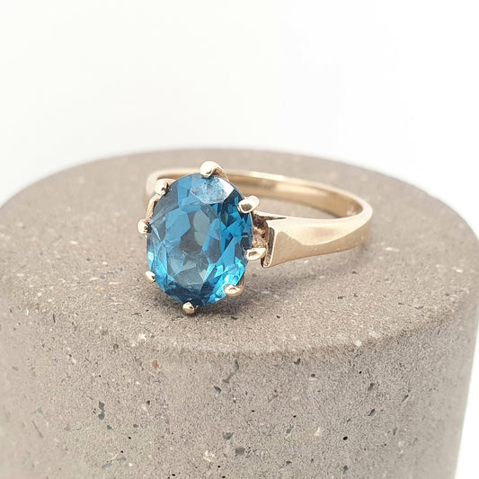 Vintage 9ct 9k Gold London Blue Topaz Ring Large Solitaire Solid 375 9kt Oval Cut Womens Jewelry Jewellery