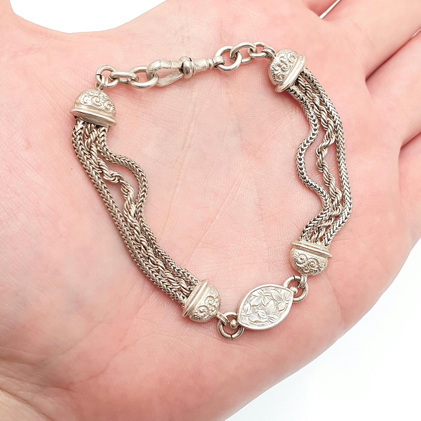Antique Solid Silver Albertina Bracelet Victorian Engraved Centre Rope Link Chain 13.27g 19cm Vintage Womens Jewelry Jewellery