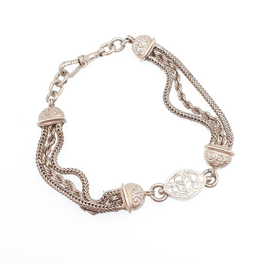 Antique Solid Silver Albertina Bracelet Victorian Engraved Centre Rope Link Chain 13.27g 19cm Vintage Womens Jewelry Jewellery