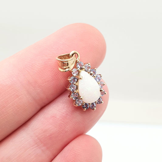 Vintage 9k 9ct Gold Opal & Tanzanite Pendant Solid 375 9kt Necklace Pear Cut Sparkly Womens Jewelry Jewellery