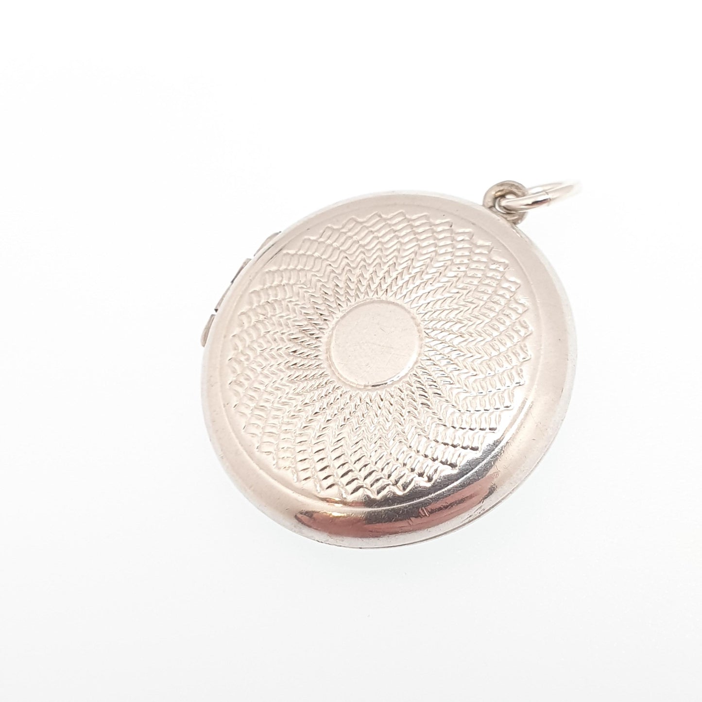 Antique Sterling Silver Locket Round Engine Turned Geometric Pattern Round Circle Necklace Pendant Picture Photo Jewelry Vintage Jewellery