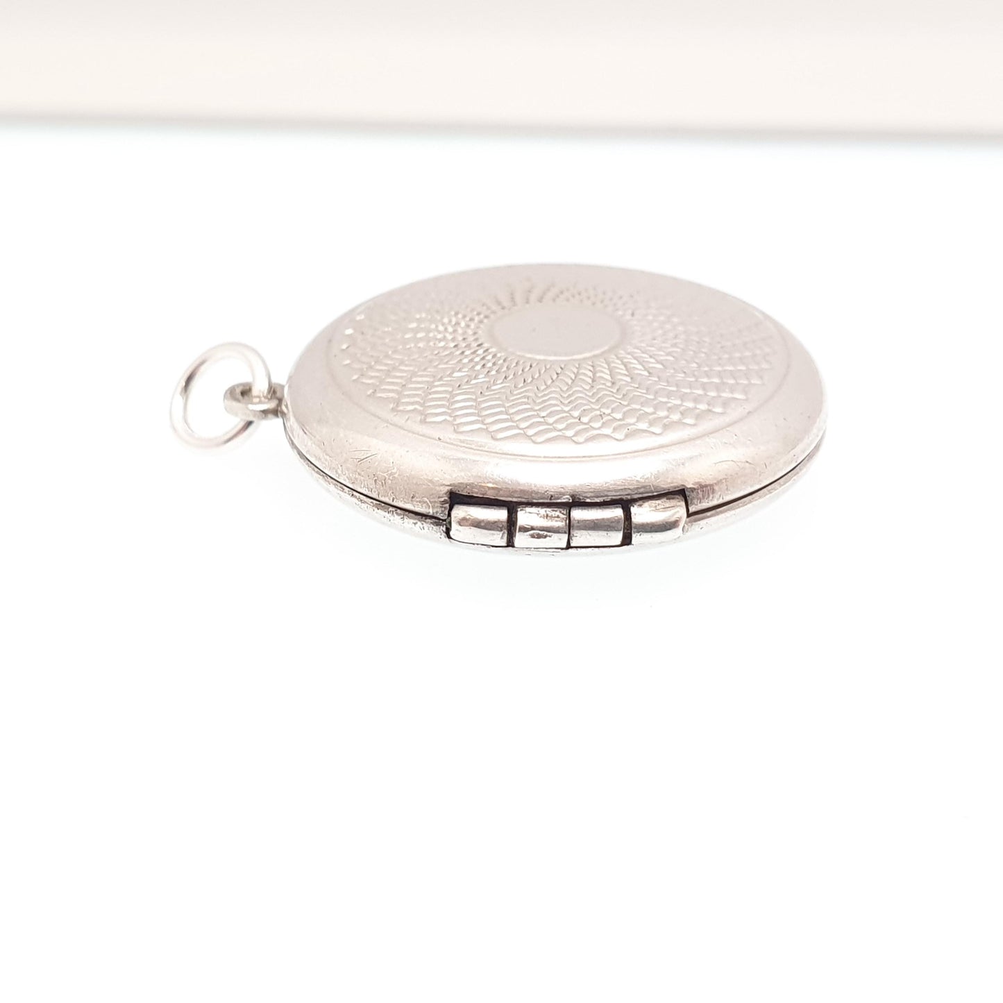 Antique Sterling Silver Locket Round Engine Turned Geometric Pattern Round Circle Necklace Pendant Picture Photo Jewelry Vintage Jewellery